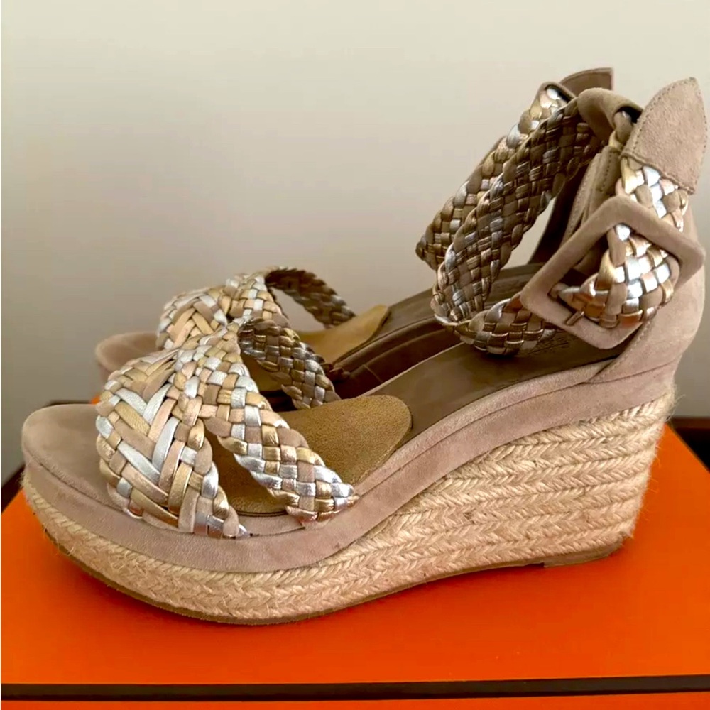 Hermes Braided Metallic Taupe Espadrille Wedge Sandals